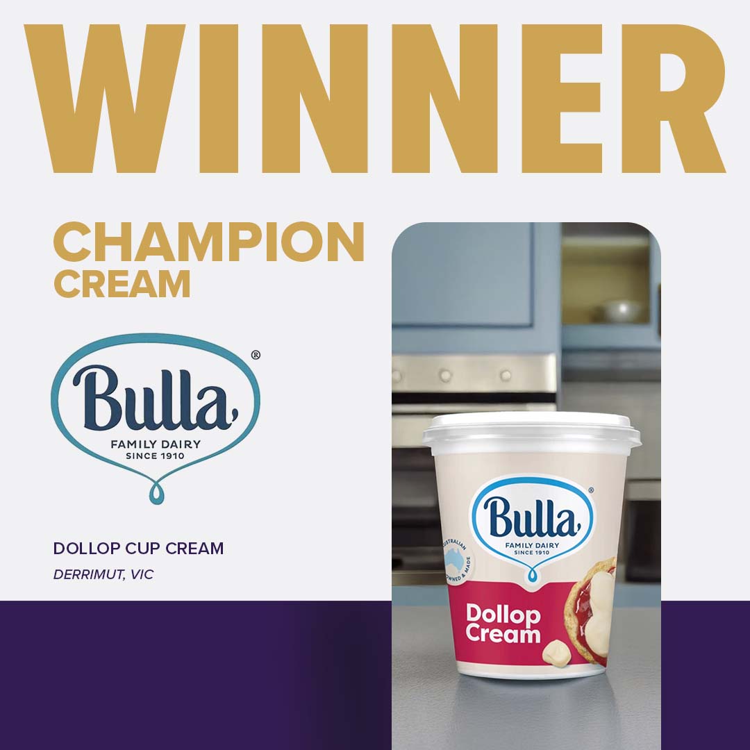 A pink-coloured container of Bulla Family Dairy Dollop Cup Cream from Derrimut VIC, awarded Champion Cream at Sydney Royal Cheese and Dairy Show.