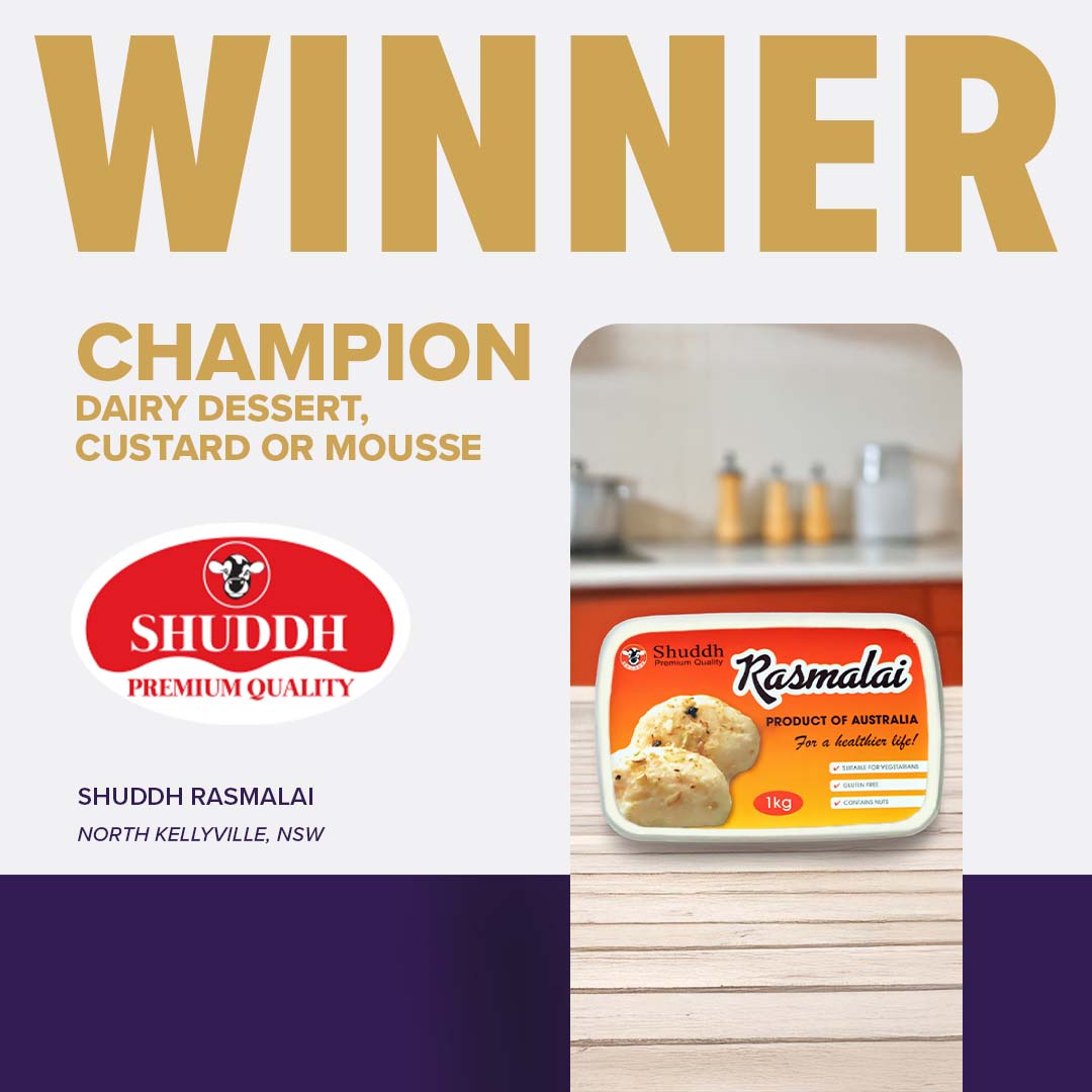 An orange-yellow package showcasing Shuddh Rasmalai, awarded Champion Dairy Dessert at Sydney Royal Cheese and Dairy Show.