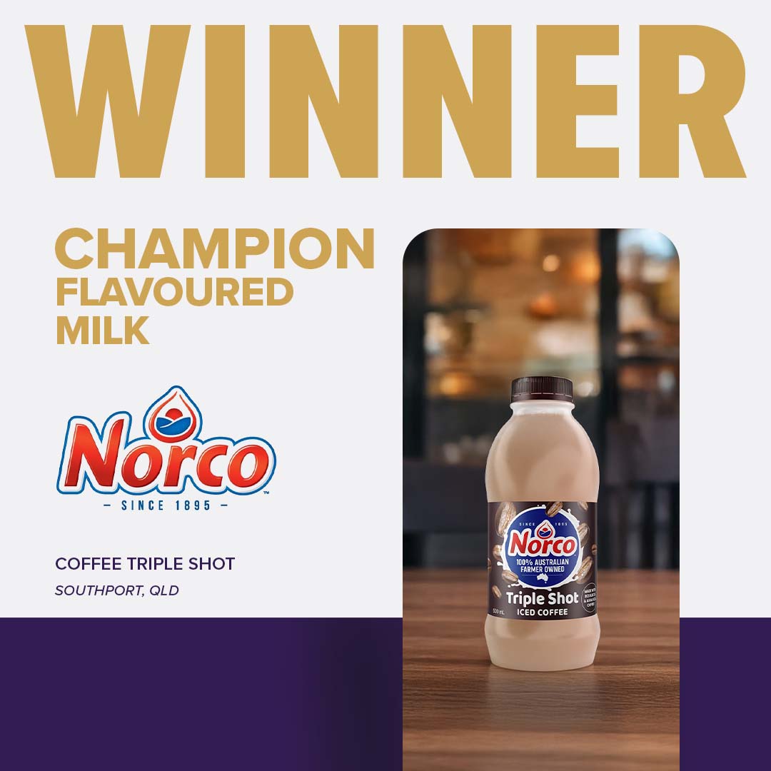 A bottle of Norco Coffee Triple Shot Iced Coffee, awarded Champion Flavoured Milk at Sydney Royal Cheese and Dairy Show.