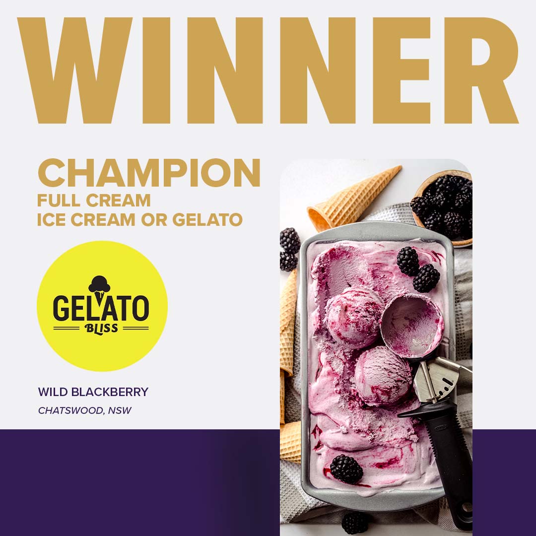 A tray of berry-coloured gelato decorated with blackberries, named Champion Full Cream Ice Cream or Gelato at Sydney Royal Cheese and Dairy Show.