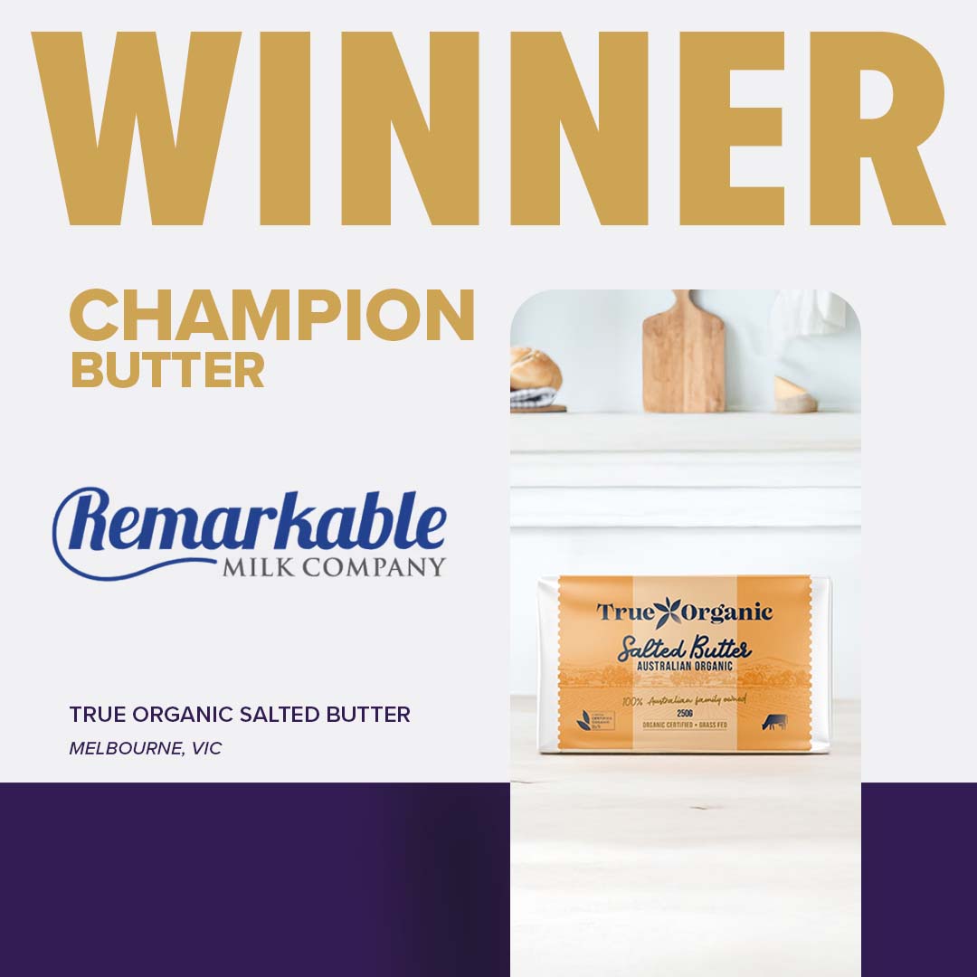 A yellow package of Remarkable Milk Company True Organic Salted Butter from Melbourne VIC, awarded Champion Butter at at the Sydney Royal Cheese and Dairy Show.