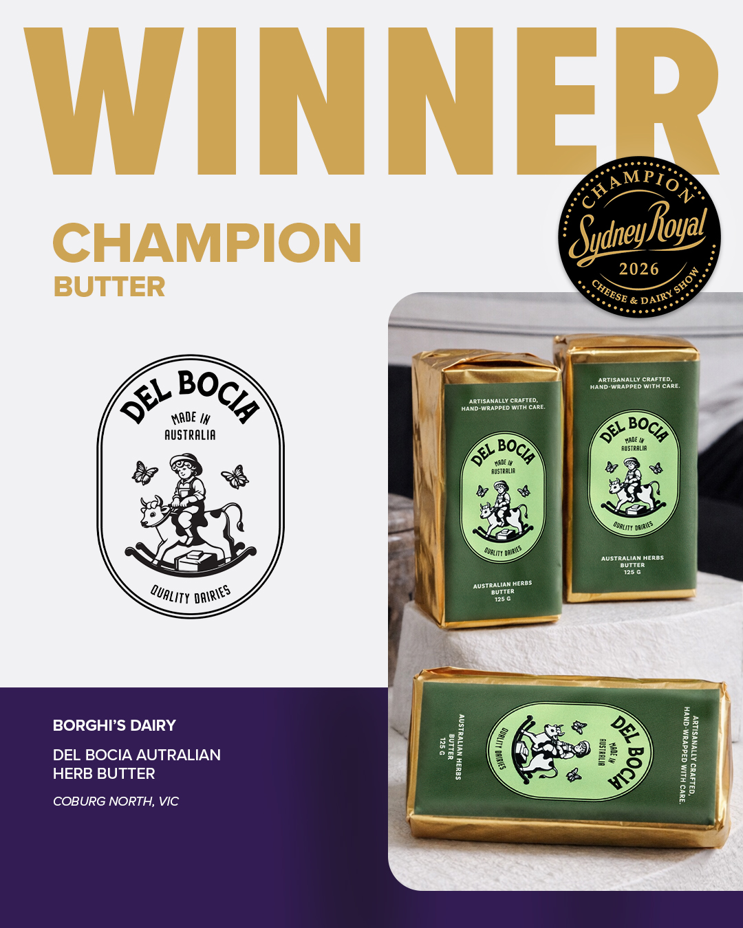 Del Bocia Australian Herb Butter by Borghi’s Dairy, Champion Butter at the 2026 Sydney Royal Cheese and Dairy Produce Show