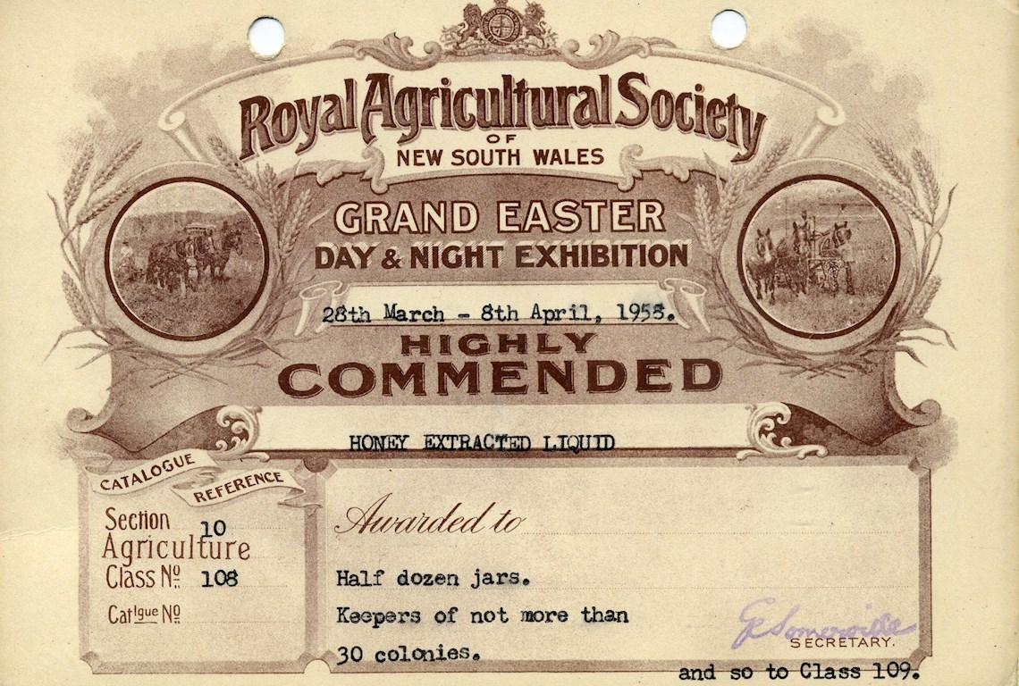 1958 Certificate - Honey Extracted Liquid